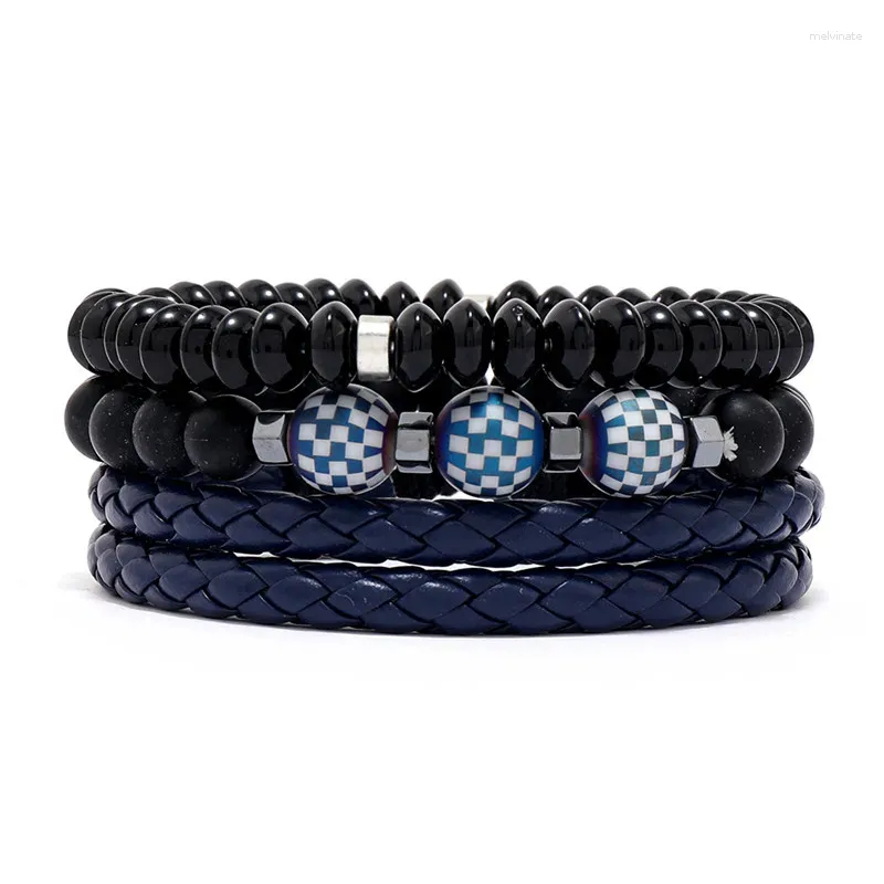 Link Bracelets Men's Genuine Leather Weaving And Beading Handmade Glass Beads Handstring Foreign Trade Jewelry 3-piece Set