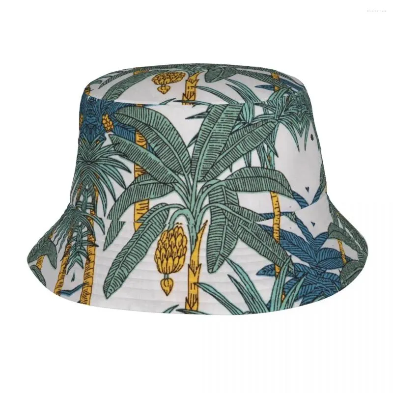 Berets Plantain Leaf Palm Banana Tree Bucket Chapéus para Mulheres Homens Impressão Verão Viagem Praia Plantas Tropicais Pescador Cap