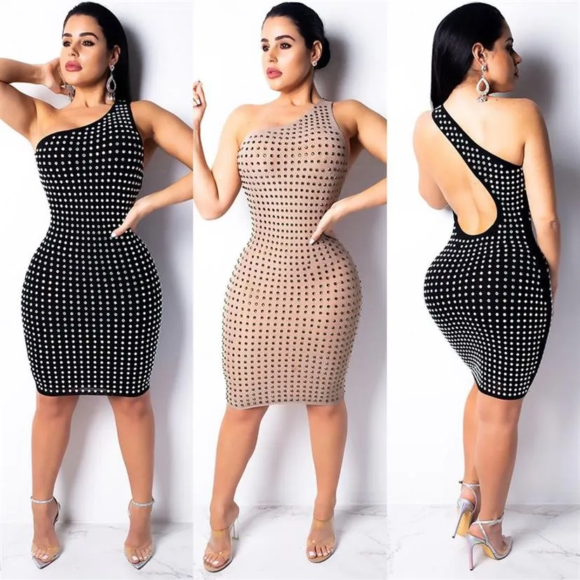 Polka Dot Rhinestone Partisi Bodycon Elbise Kadın Seksi Bir Omuz Bling Bling Stranty Sırtsız İçi Boş Mini Diz Uzunluk Bandaj Clu254K