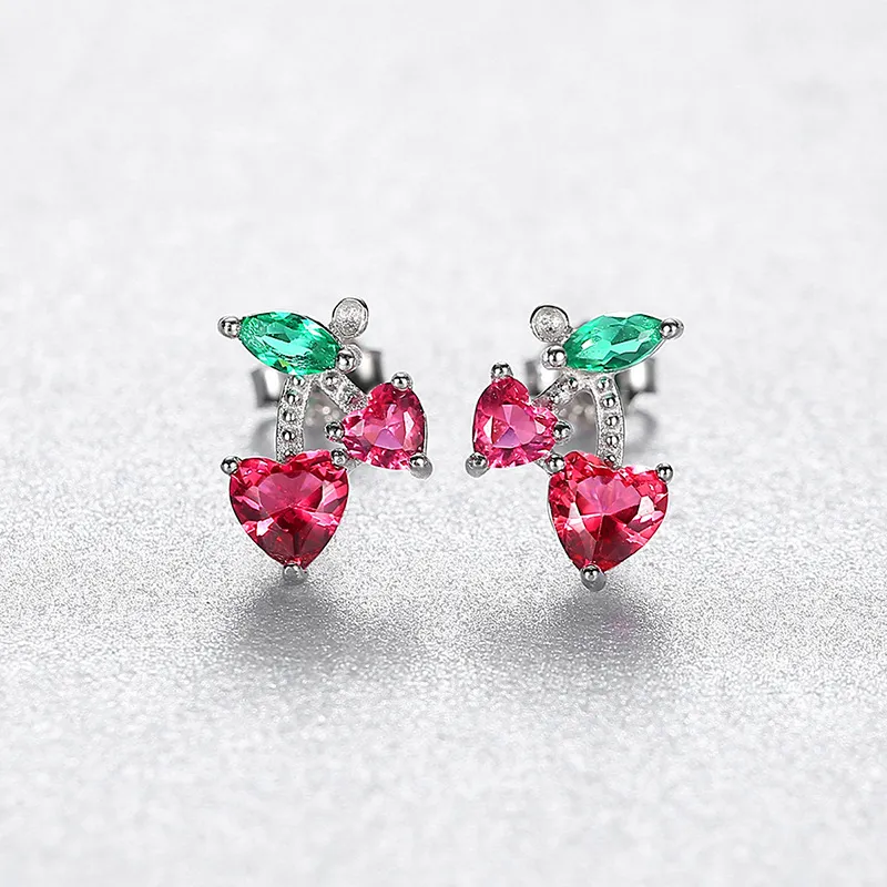 Korean Fashion Colorful Zircon Cherry Stud Earrings Women Small Exquisite Heart s925 Silver Earrings Jewelry for Women Wedding Party Valentine's Day Gift SPC