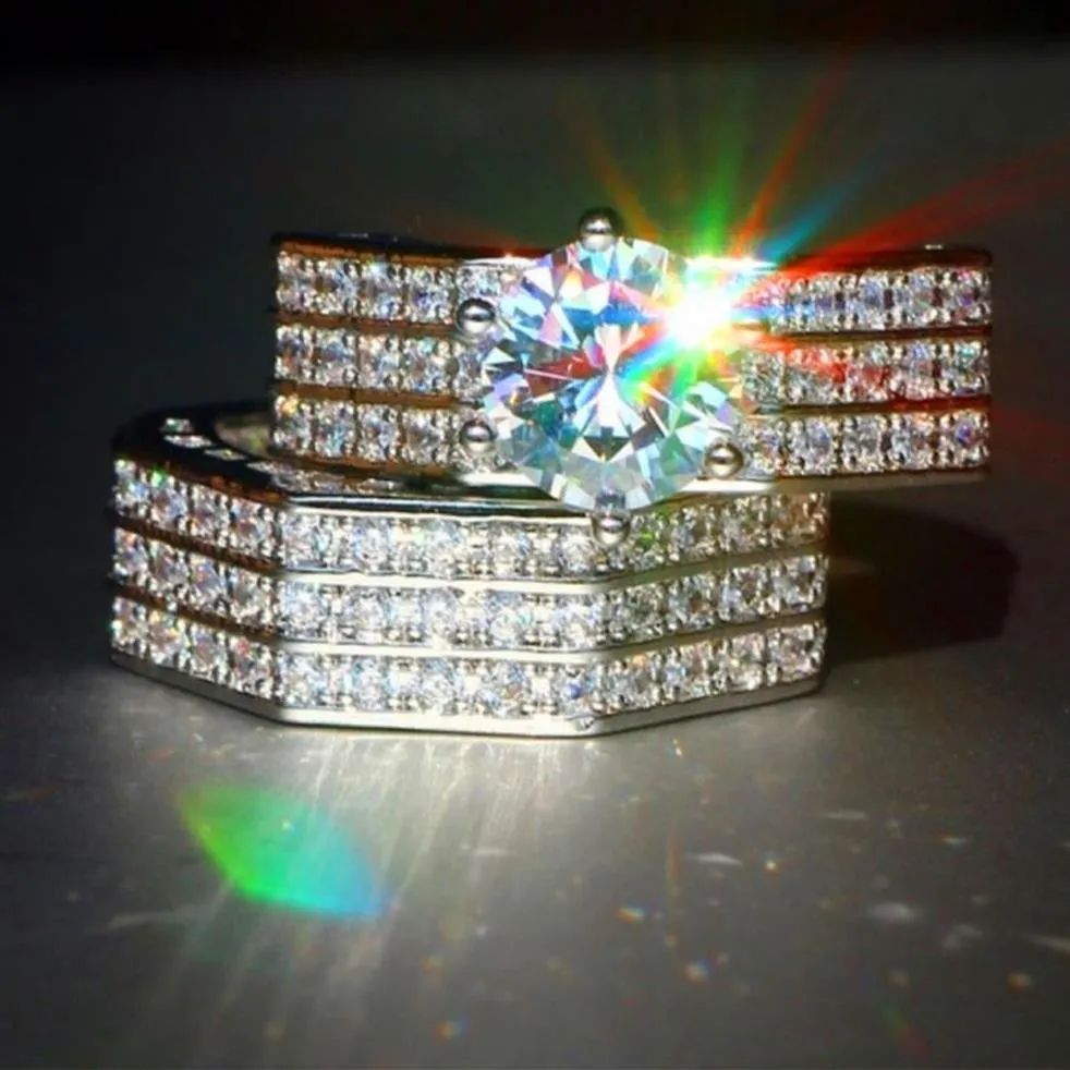Vecalon Boho Mannelijke Vrouwelijke Kristal Witte Zirkoon Stenen Ring Set Luxe 925 Zilveren Verlovingsring Vintage Bruids Trouwringen Voor Wo264Y