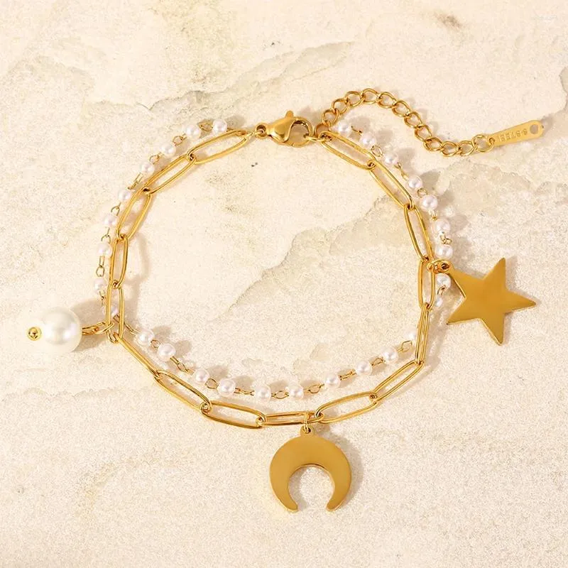 Bracelets de charme en acier inoxydable femmes bracelet décoratif double couche mignon lune étoile dames pendentif bracelet bijoux cadeau d'anniversaire