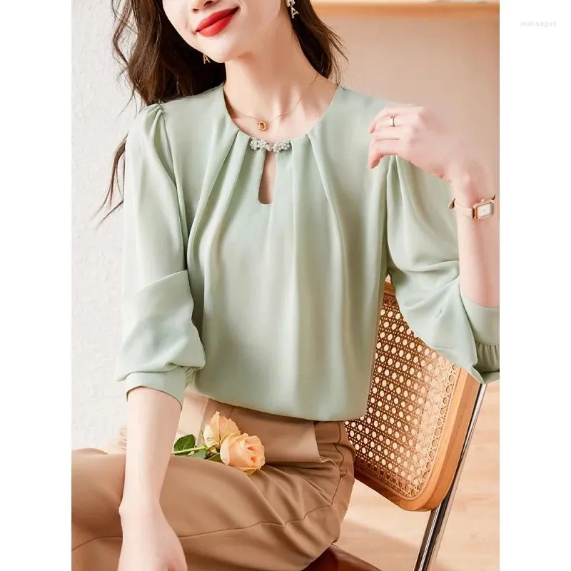 Damskie bluzki z koralikami zielone koszule kobiety Koreańska moda stała kolor długi rękaw wiosenny jesienna bluzka elegancka elegancka biuro damskie odzież roboczą