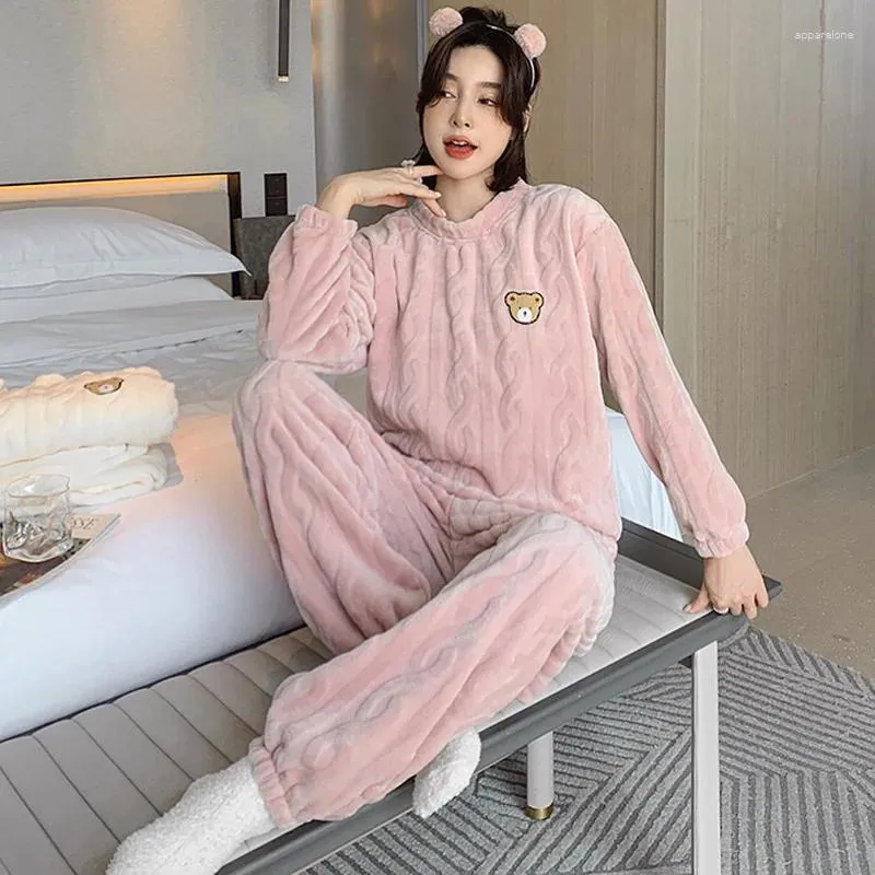 Kadınlar için Pleece Astar Salger ile Yuvarlak Boyun Kalınlaşan Kadınlar İçin Kadınlar İçin Pijamalar Evde Giyim İlkbahar ve Sonbahar Uzun Kollu Plus
