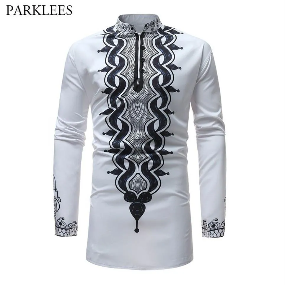 Camisa masculina estampada africana branca dashiki, camisa nova slim fit com gola mandarim, camisa masculina de manga comprida, roupa africana 299q