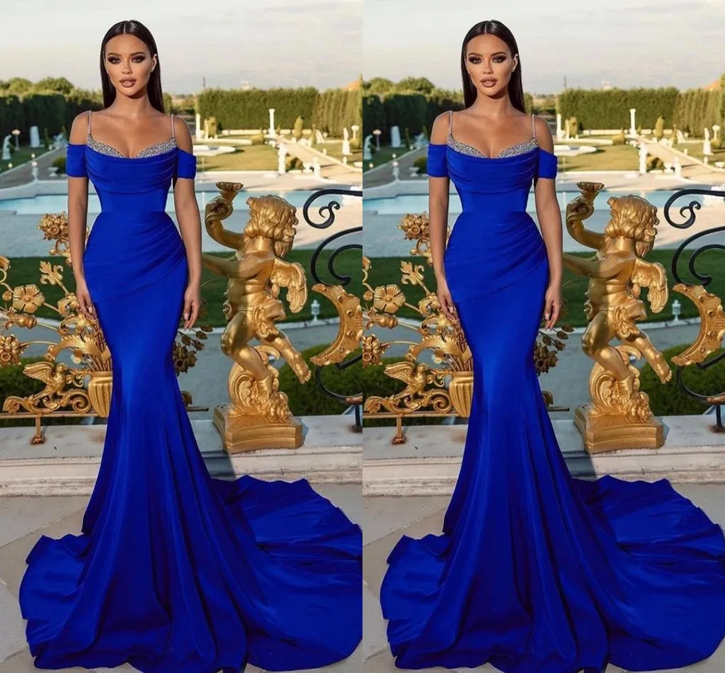 Roayl Blue Plus Size Mermaid Evening Dresses Spaghetti Straps Beaded Pleats Draped Floor Length Formal Wear Party Dress Pageant Engagement Celebrity Prom Gowns