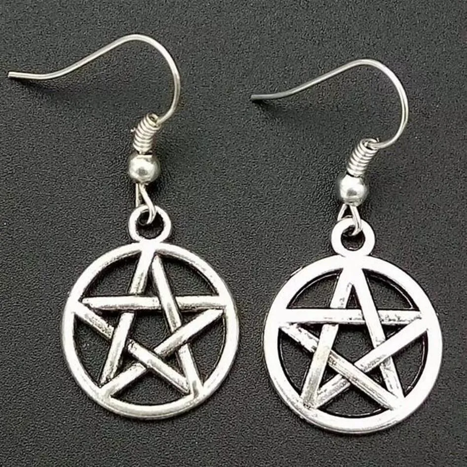 Mode smycken 50Pair mycket Ancient Silver Pentagram Pentakel Charmhängen Drapingörhängen WITCH PAGAN GOTH SMEEDDAL GIFT A45288R