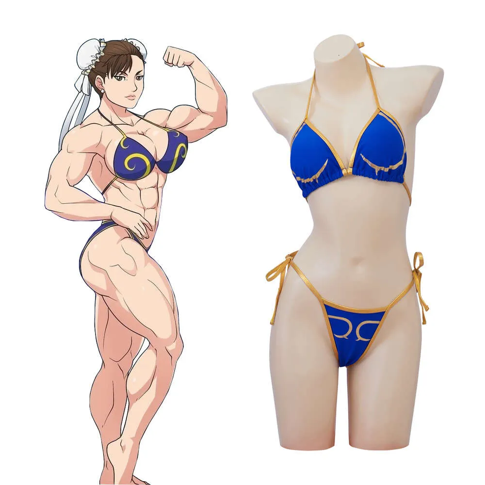 Game Chun Li Cosplay Blue Bikini Suit Street Fighter Japanese Fighter Chunli Sexig Swimming Sheat Beach Wear Halloween Party Set