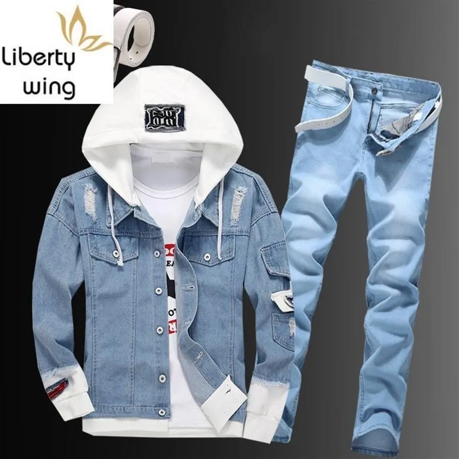 Casual Men's Tracksuits Hooded Cowboy Jacket Zipper Jeans Two Piece Set Plus Size Street Single Breasted Hole Ripped Blue Den315l