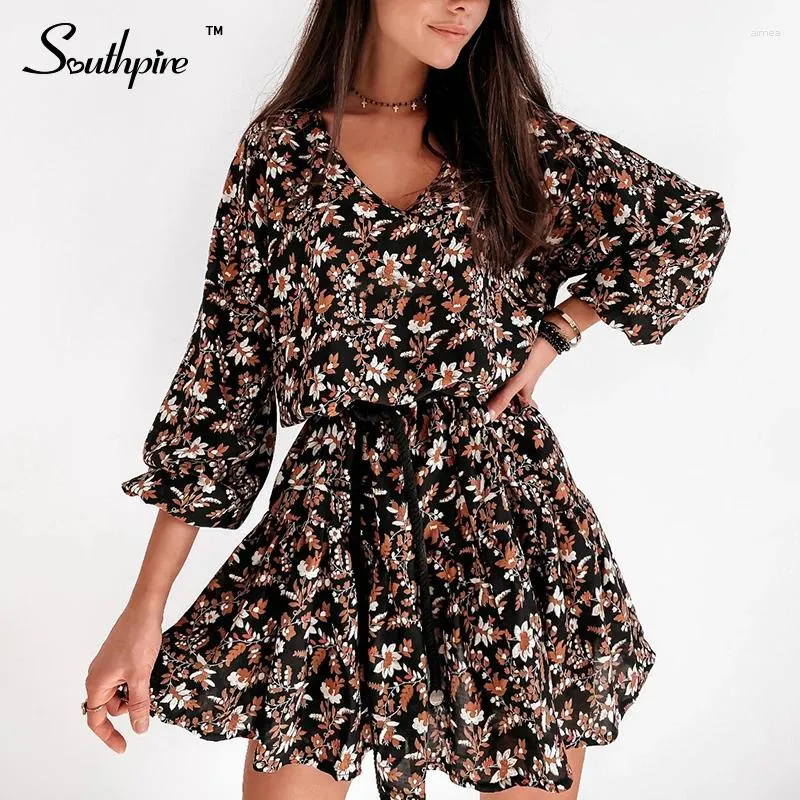 Casual jurken Southpire Sping dames losse stijl vintage bloemenprint lantaarn mouw mini party vestidos zonnejurk