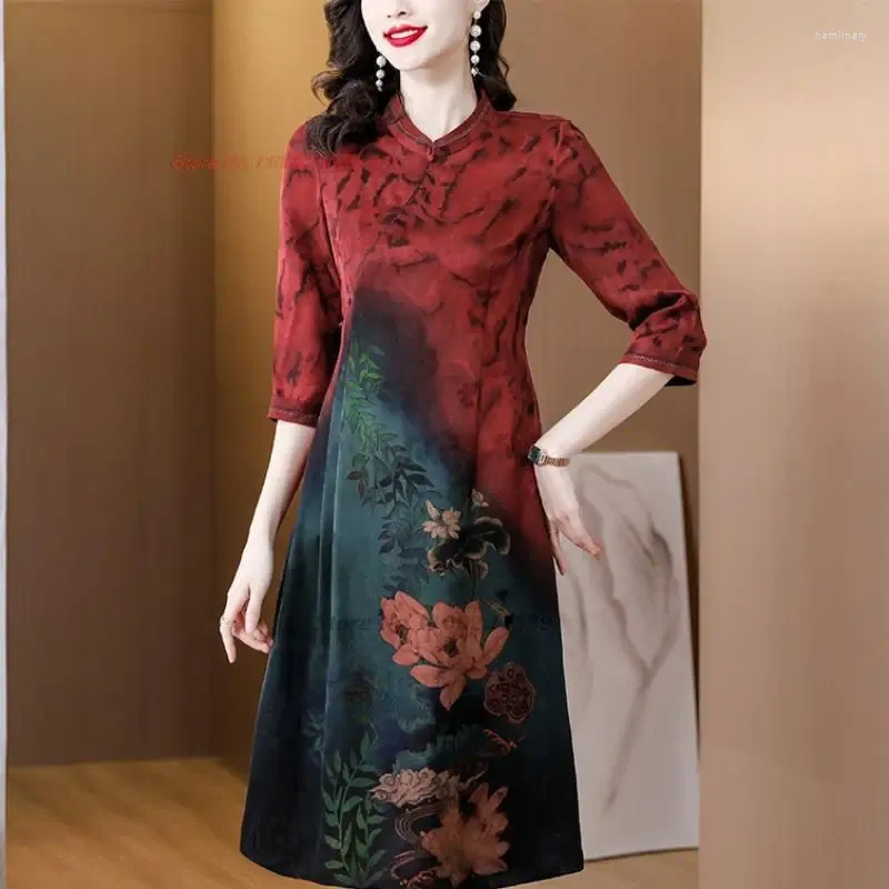 Ethnic Clothing 2023 Traditional Vintage Dress Improved Qipao National Flower Print Satin Chinese Oriental Chongsam