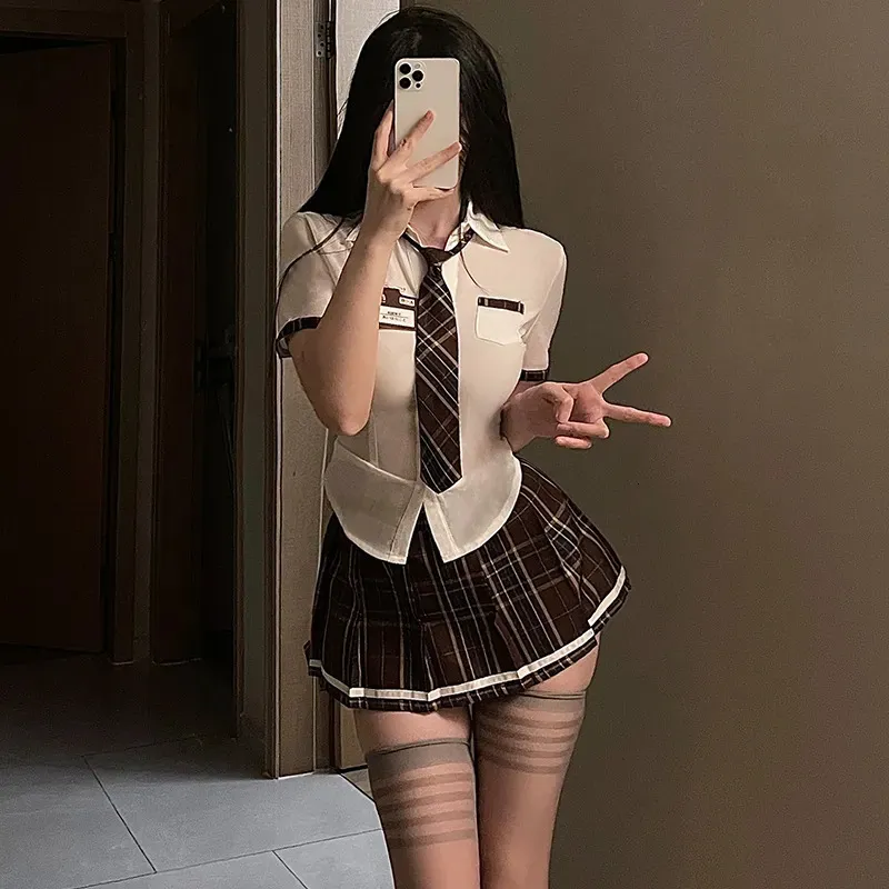 Sexig pajamas underkläder skolstudent enhetlig rollspel kostym kvinnor söt mini kjol tight blus set porr college girl cosplay anime 231017