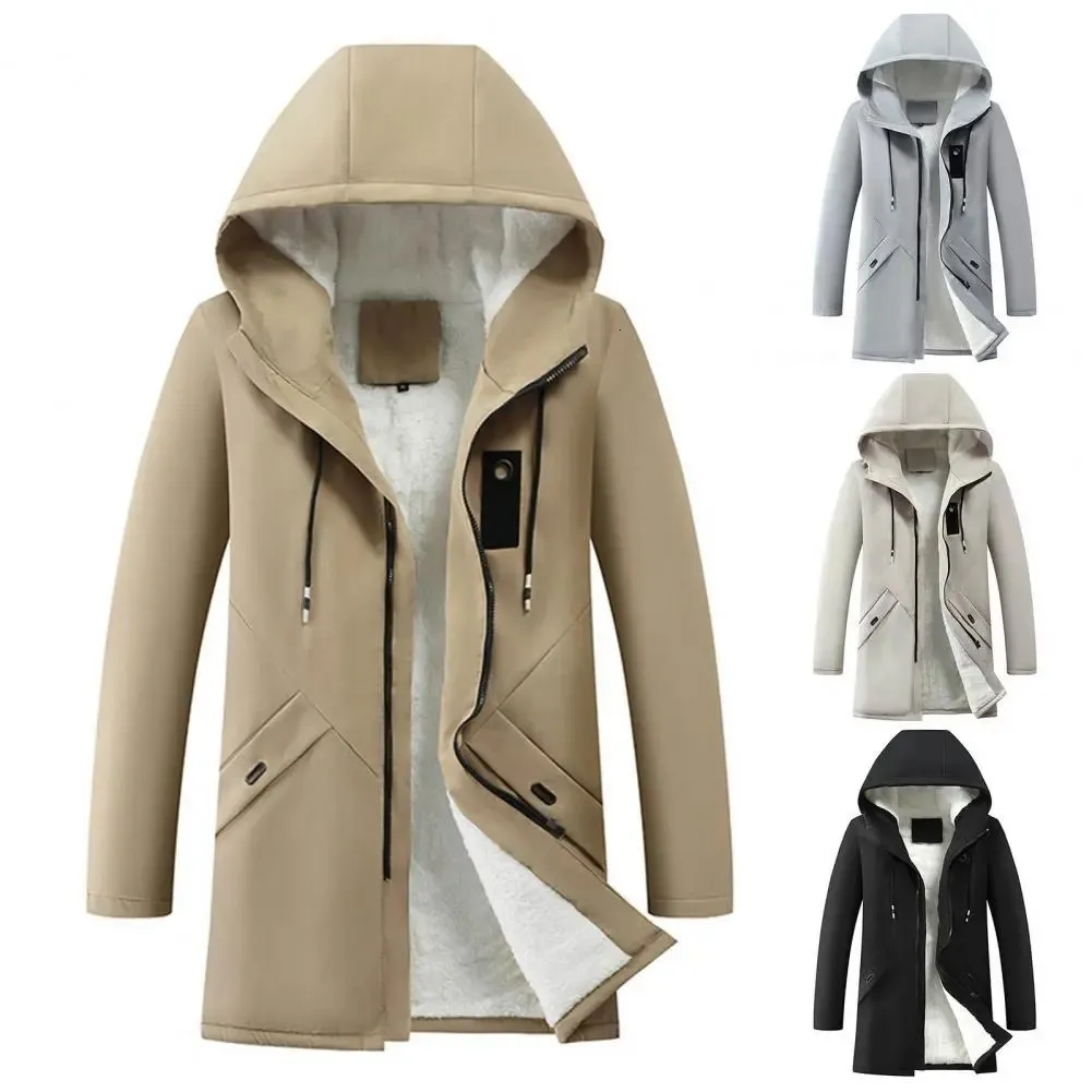 Parka d'hiver à capuche pour homme, manteau coupe-vent épais, doublure polaire, fermeture éclair, pardessus mi-long, 231017