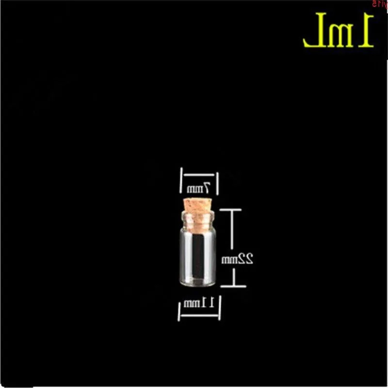 11 * 22 * 7mm 1 ml Mini bouteilles en verre transparent transparent avec des flacons vides en liège souhaits 100pcs / lotgood qté Libfn