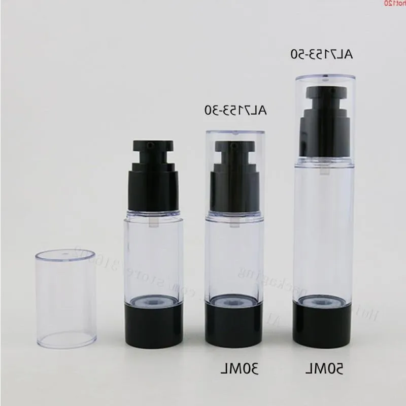 30 x 30ml 50ml Rebillable Beauty Airless 플라스틱 병이있는 검은 펌프 클리어 커버 1oz 크림 컨테이너 good pxepn