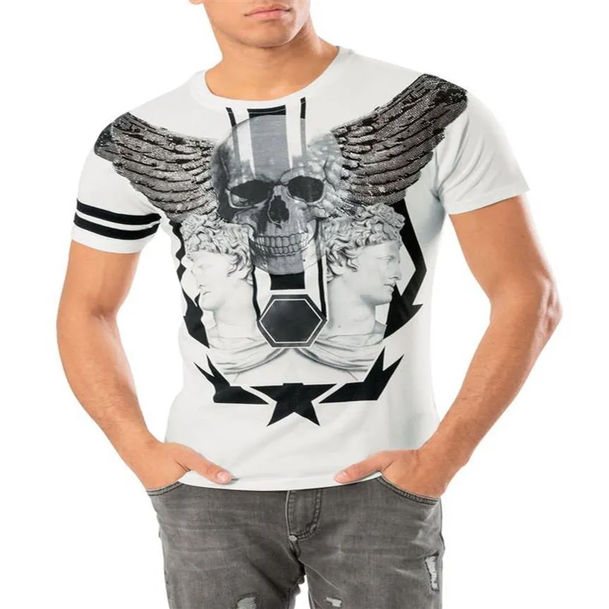 男性TシャツラインストーンスカルプリントグラフィックトップティーカジュアルTシャツhommeクルーネック短袖Tシャツブランド衣料