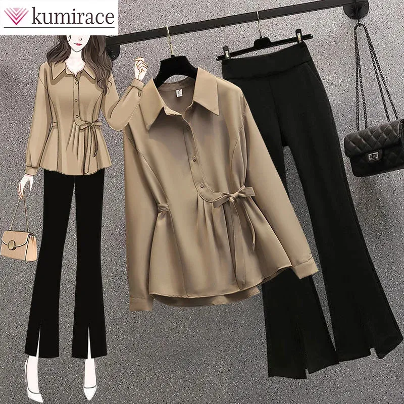 Kvinnors spårningsdräkter Weichubby Sister Korean Edition Autumn/Winter Temperament Belt Top Splim Pants Two Piece Set For Women Pant Sets 231018