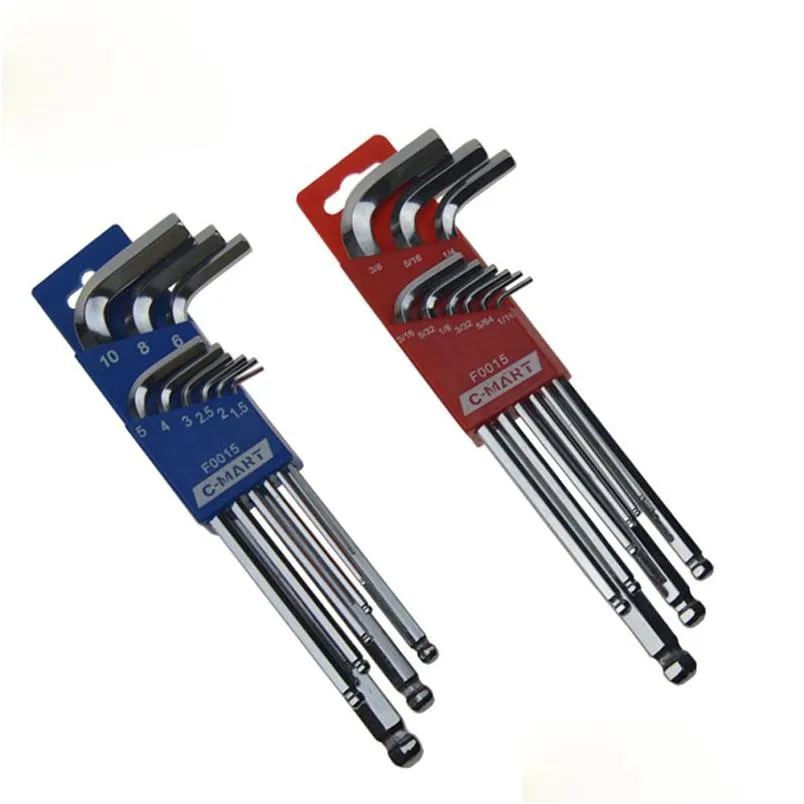 Diğer El Araçları C-Mart 1set Uzun Kol Allen Anahtar 9pc Ball Point Hex Anahtarı İç Altı Keleşkenler CRV Altıgen Spanners Metrik İngilizce Dhpxo