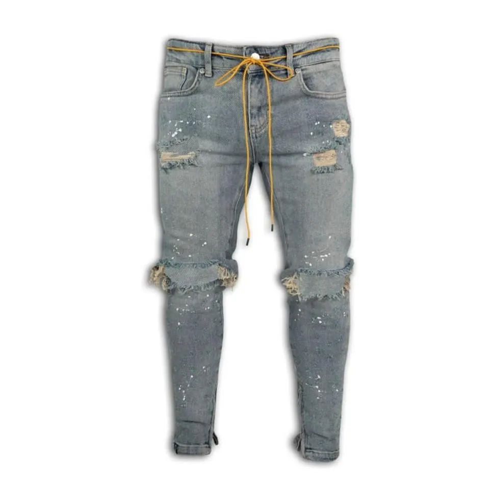 Jean slim avec fermeture éclair à la cheville pour homme, extensible, détruit, déchiré, point de peinture, Design248w