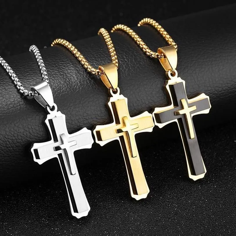 Collane con ciondolo Croce Uomo Pendenti Gioielli in acciaio inossidabile Religione Regalo per feste 55CM Catena Colore argento Collana nera Uomo Jew297P