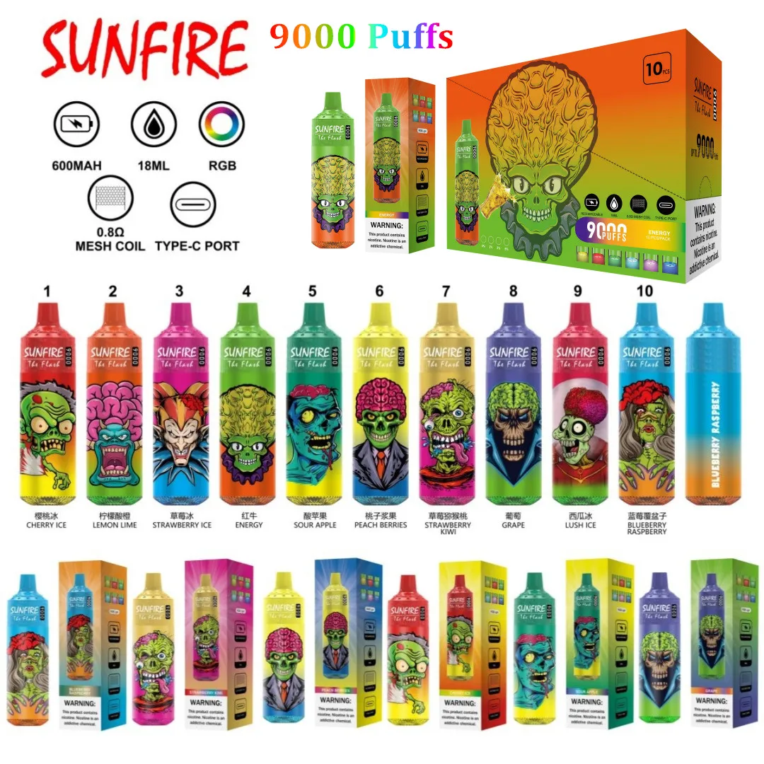 Top 1 Shenzhen Sunfire Tornado 9000 Puffs 9k Einwegvape E Zigaretten Pods Gerät Kit wieder aufladbare Batterie 18 ml vorgefüllte Stangendampfs Puff 8k Vapes 10000 Puffs