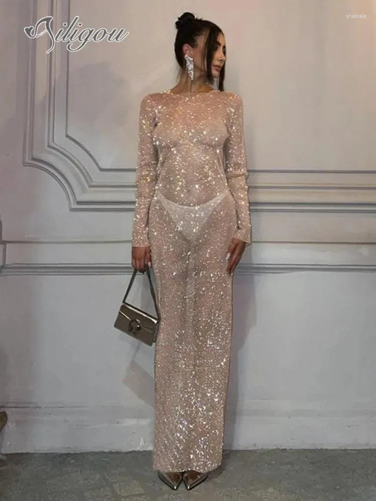 Freizeitkleider Ailigou Damenmode Luxus Sexy Langarm Diamant Mesh Kleid Elegante Promi Party