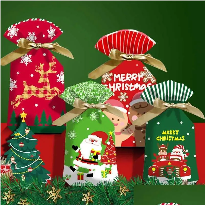 Julekorationer 10st Cartoon Xmas Candy Present Bags Kids Cookie Sweet Plastic DString Bag For Home Year Party 2023 Drop Deliver Dhog7