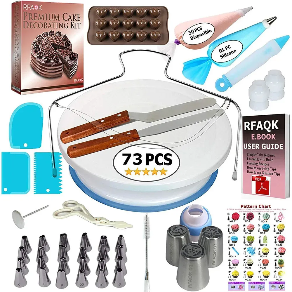 Moldes de cozimento Ferramentas de decoração de bolo Kit Dicas de gelo Turntable Pastelaria Sacos Acopladores Creme Bocal Baking Tools Set para Cupcakes Cookies 231018