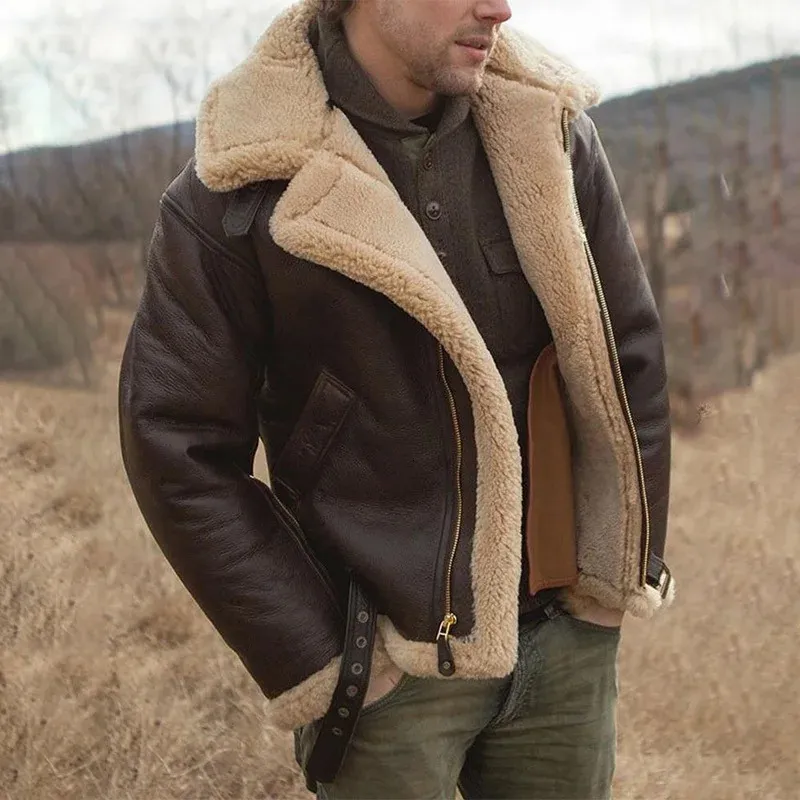 Giacca da volo in finta pelle da uomo Collo in pelliccia marrone Vintage Agnello Maschile Inverno Addensato Caldo pile Bomber Parka 231018