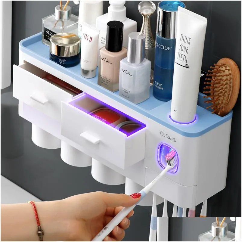 Toothbrush Holders Dust-Proof Toothbrush Holder With 2 Storage Ders And Bathroom Cosmetic Shelf Tootaste Squeezer Dispenser Dhgarden Dh2Yj