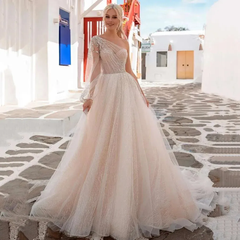 fitted lace wedding dress Asymmetrical Mermaid High Split One Shoulder Floor-Length Long Sleeve Open Back Appliques Lace Wedding Dresses main image 1