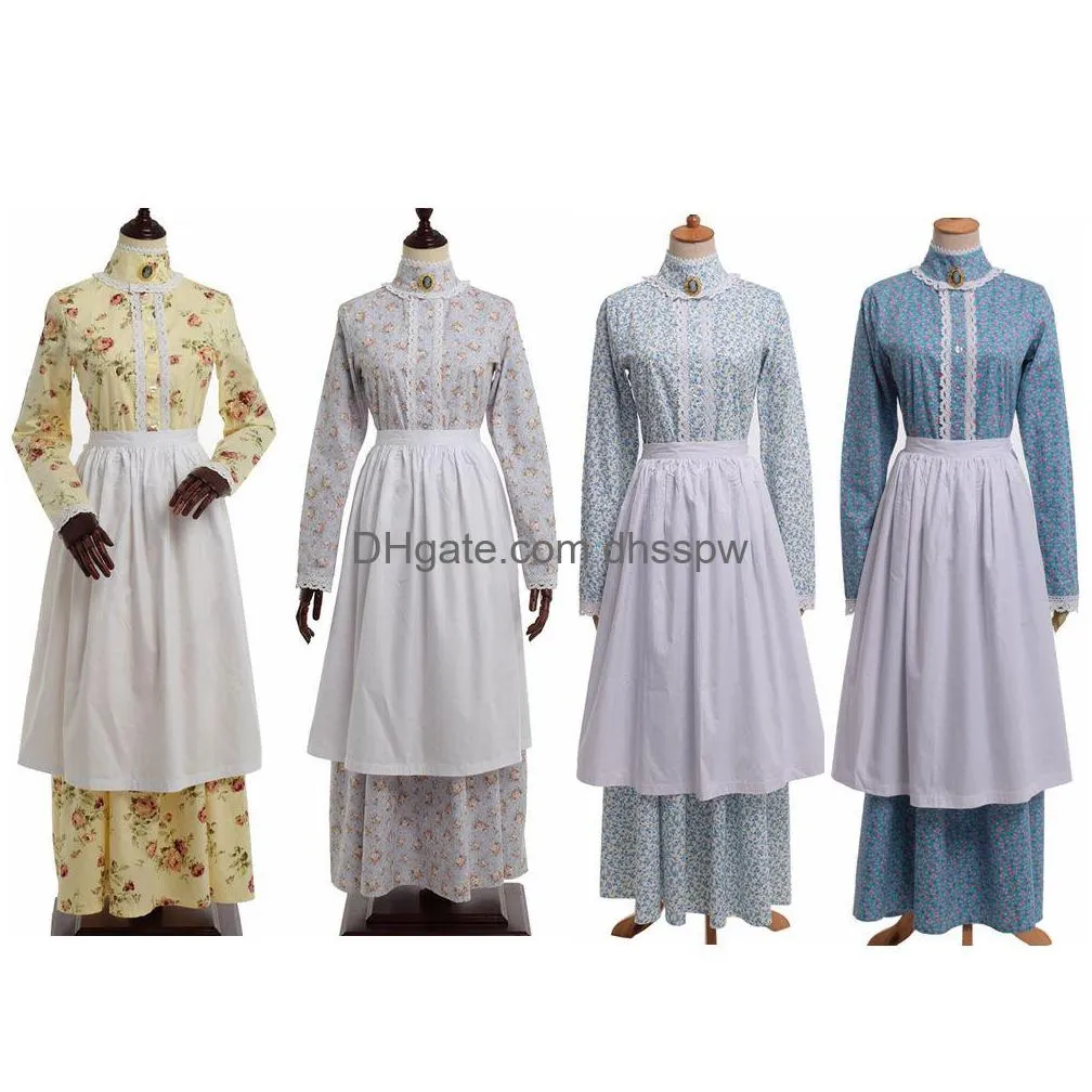 Costume da martedì grasso per donna, stile vintage francese, abito floreale, coloniale, XVIII secolo, storico, grembiule blu a maniche lunghe, cofano a goccia D