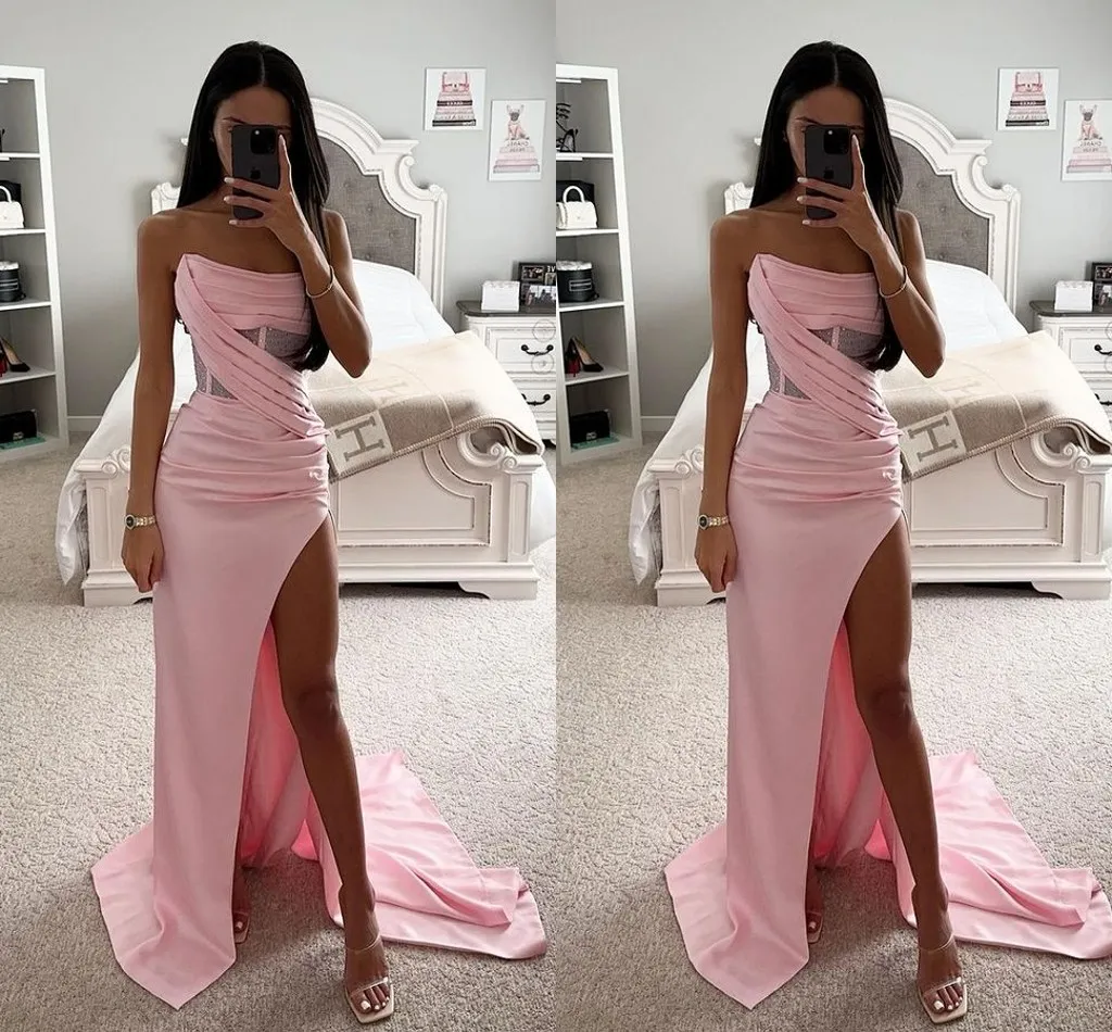Pink Plus Size Mermaid Prom Dresses Satin Strapless See Through Sequined Draped Side Split Formal Occasions Wear Birthday Celebrity Pageant Evening Gowns Custom
