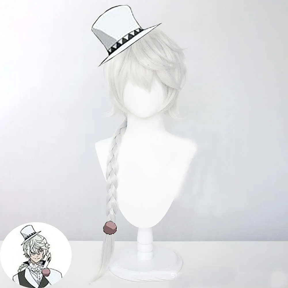 Anime Bungo Stray Dogs Staffel 4 Cosplay Nikolai Gogol Cosplay Perücke Langes weißes Geflecht Hitzebeständige Haarperücken + Perücke Capcosplay