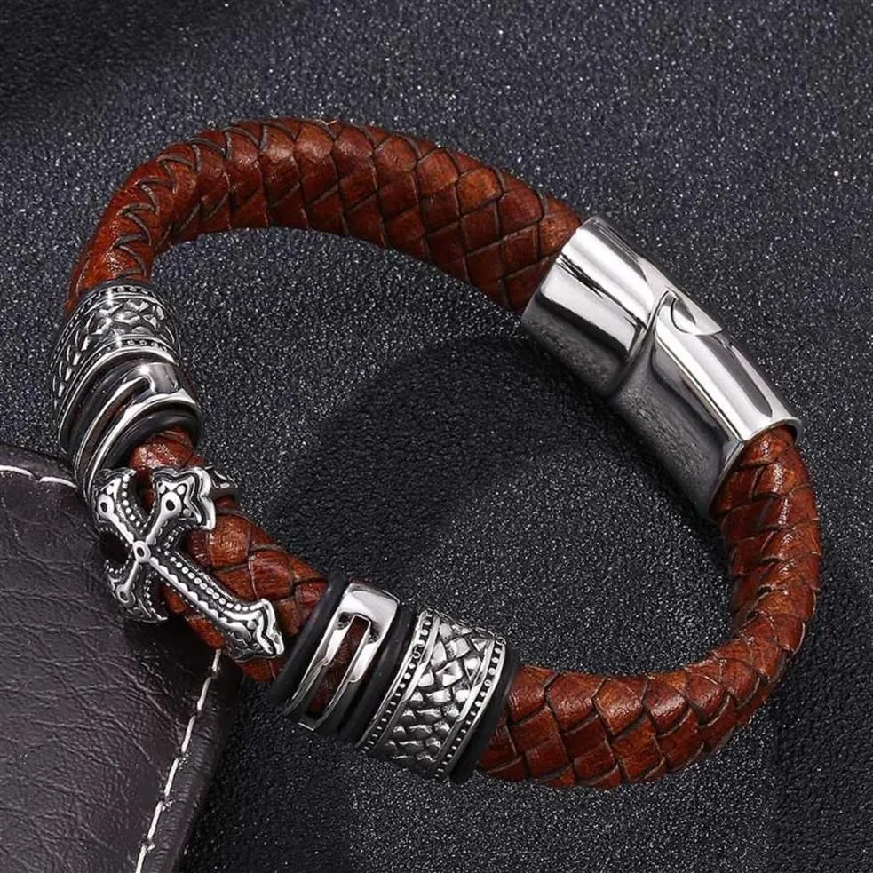 Gioielli da uomo vintage di qualità Bracciale trasversale in pelle intrecciata marrone Bracciale con croce in acciaio inossidabile Chiusura magnetica Braccialetti fatti a mano da uomo Bangle277b