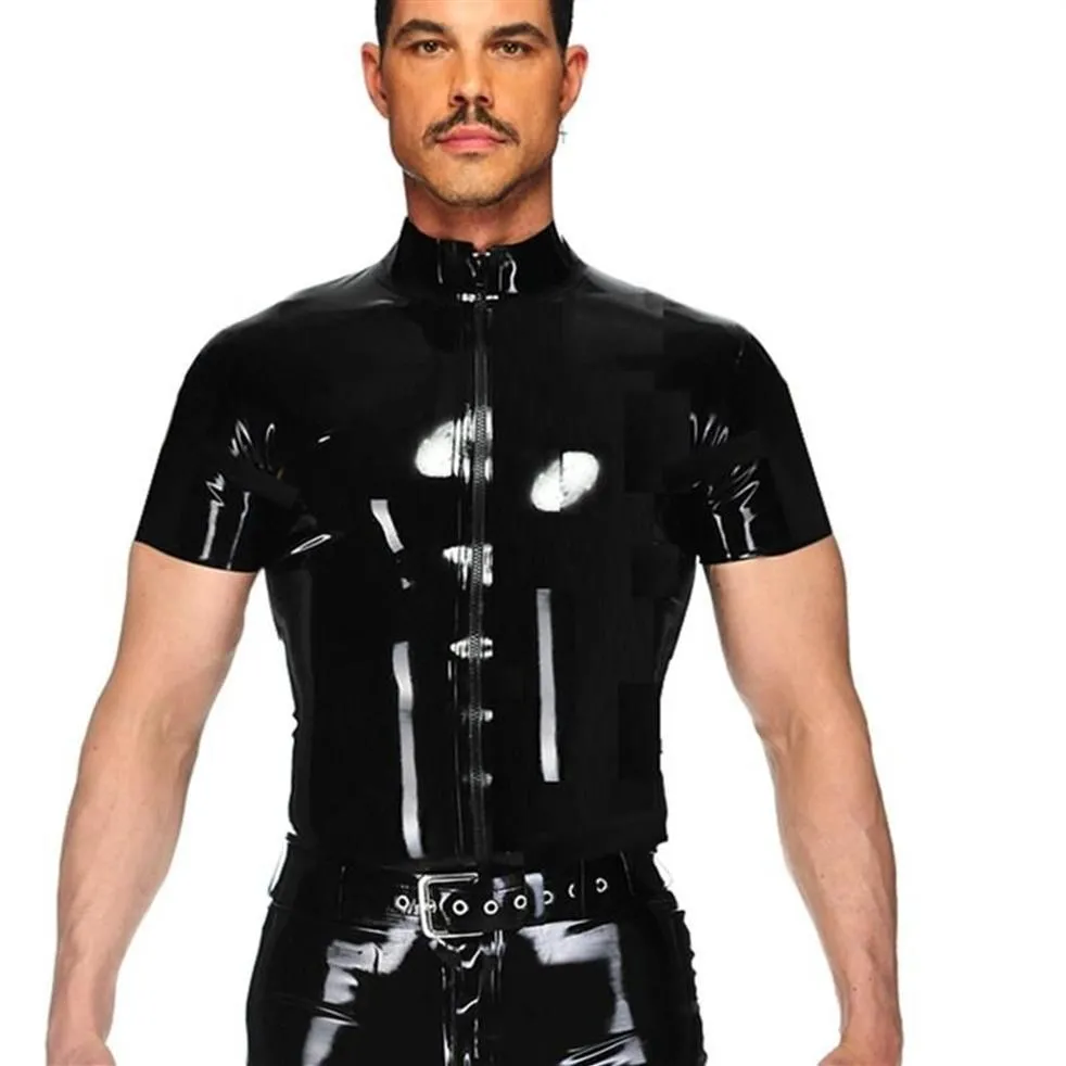 Męskie koszule męskie męskie menki mokry pvc skóra t blaty czarne punkowe ciasne ubranie fitness krótkie rękawe scena zamek błyskawiczna seksowna impreza CL281C