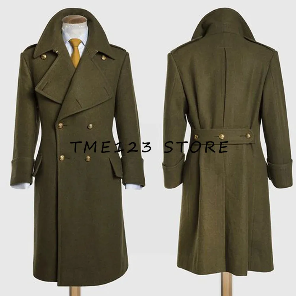 Green Woolen Trench Cos Trench Coat For Men Slim Fit Double Breasted V Neck Business Casual