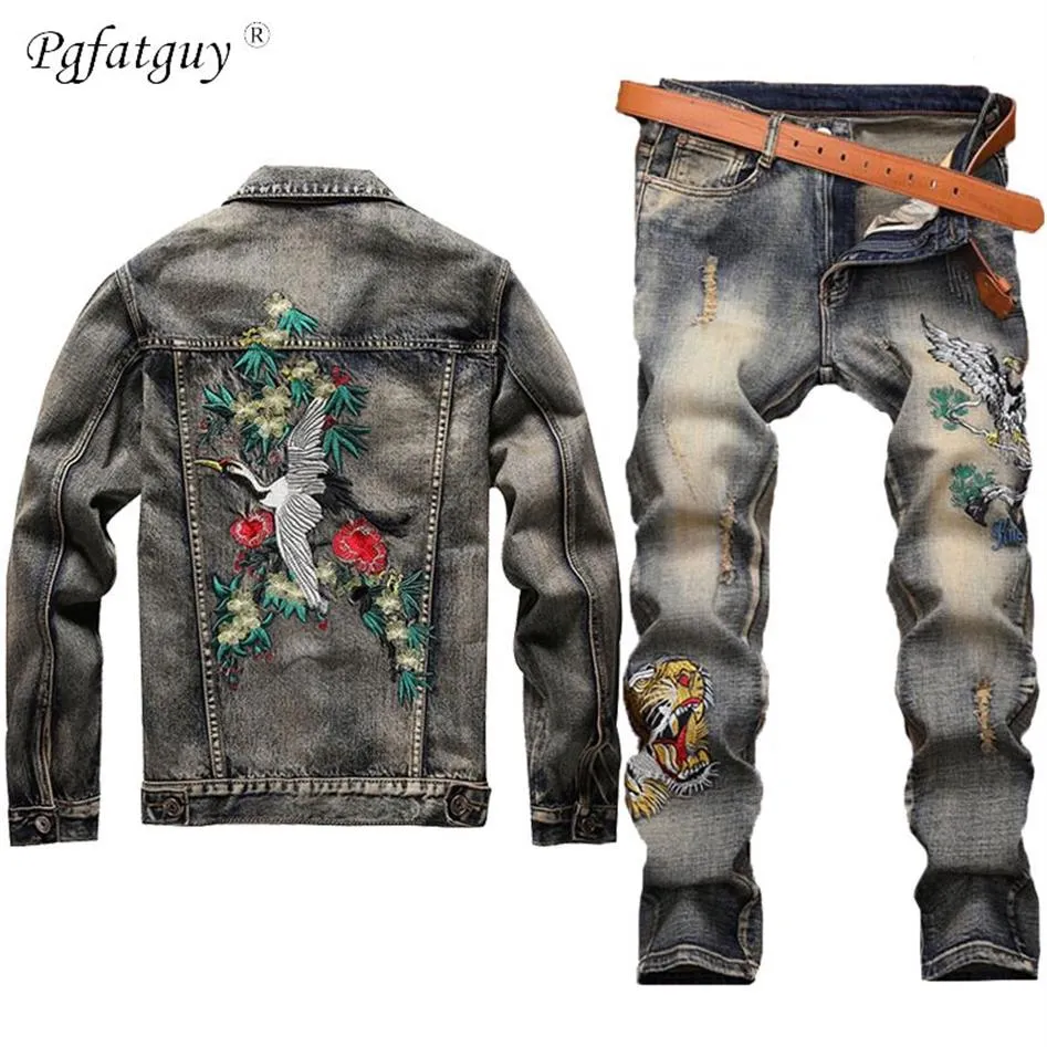 New Men Vintage Sets Embroidered Red Crowned Crane Hole Distressed Jackets Embroidered Tiger Jeans Mens Clothing 2 Piece Set LJ22779