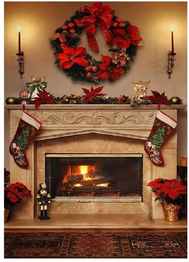 Gobeliny zimowe Boże Narodzenie kominek tła wnętrze wnętrza kasetów świątecznych kasetrów