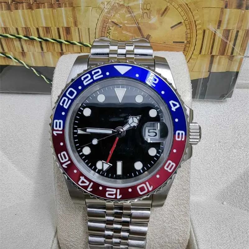 Rolaxs Montre de sport luxueuse 40 mm Rouge et bleu Gmt Double fuseau horaire Eta 2836 3186 Céramique Saphir Plongée Étanche 904l Montre automatique