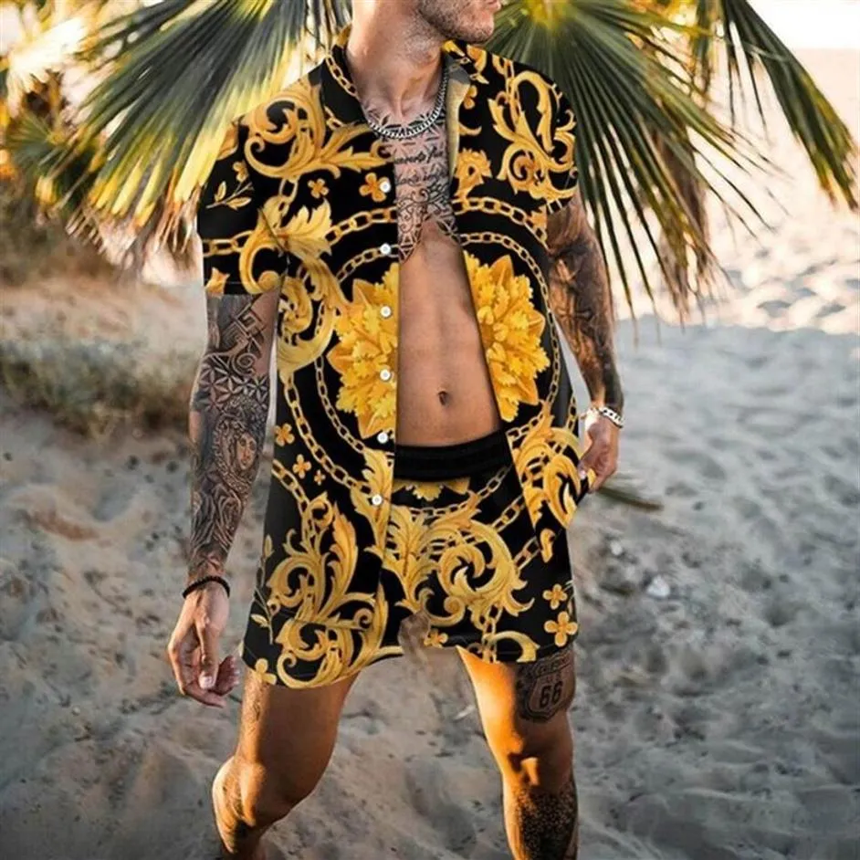 Hawaii plage fleur Survêtements chemise chemisier deux pièces hommes amples taille plus pantalon court et chemisiers mélangés couleur or noir pri215a