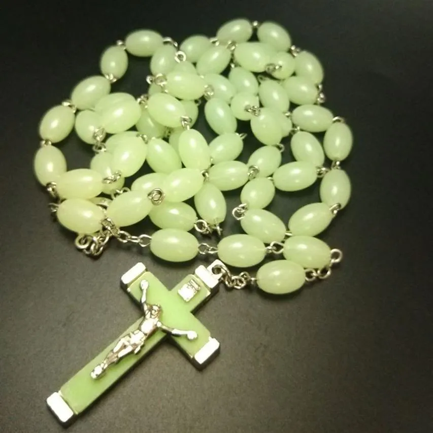 Rosario luminoso Croce pendenti collane Perline catena maglione stile lungo vintage Cristiano cattolico Gesù gioielli moda 10 pz276U