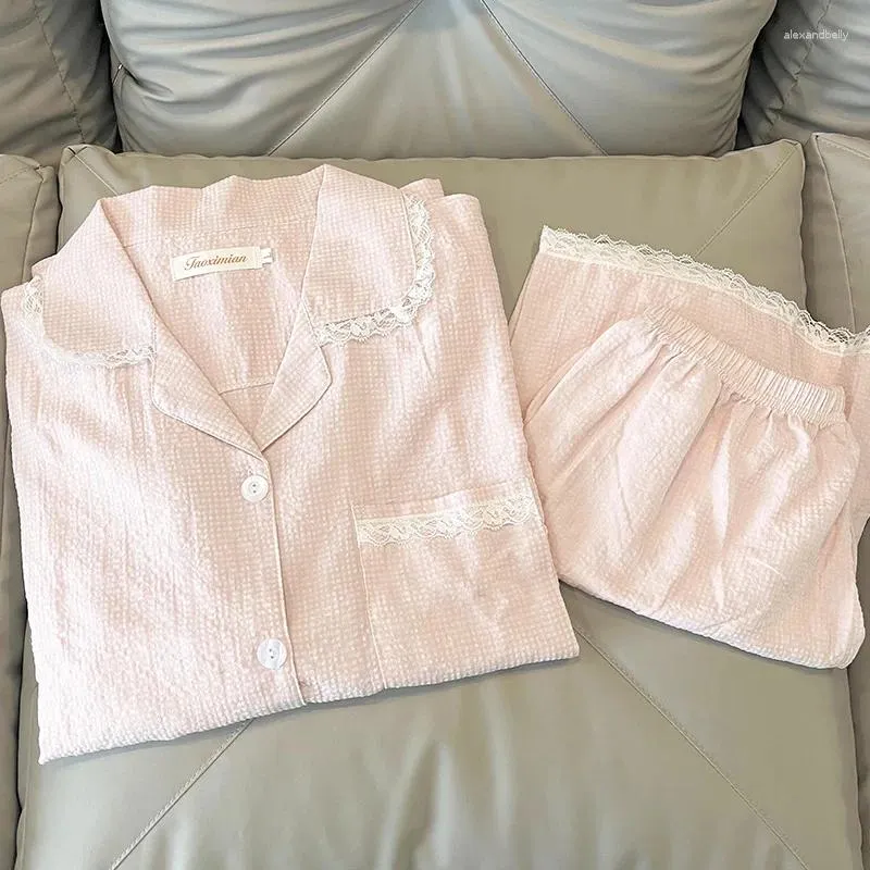 Женская одежда для сна Розовые пижамы Летние хлопковые льняные шорты с короткими рукавами Костюм Милый кружевной кардиган можно носить вне домашней одежды