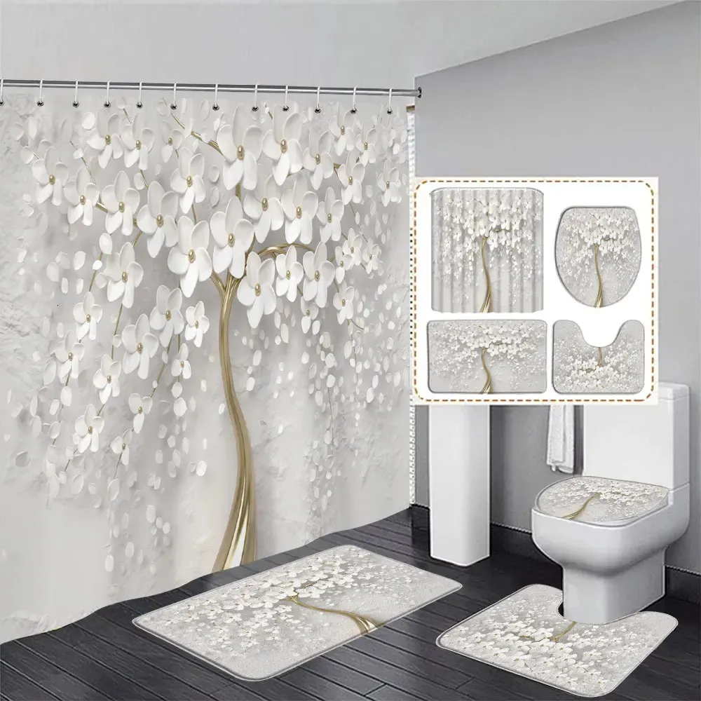Ensemble de rideaux de douche elegant avec motif floral blanc 3D accessoires de salle de bain en polyester tapis de tapis de bain conception
