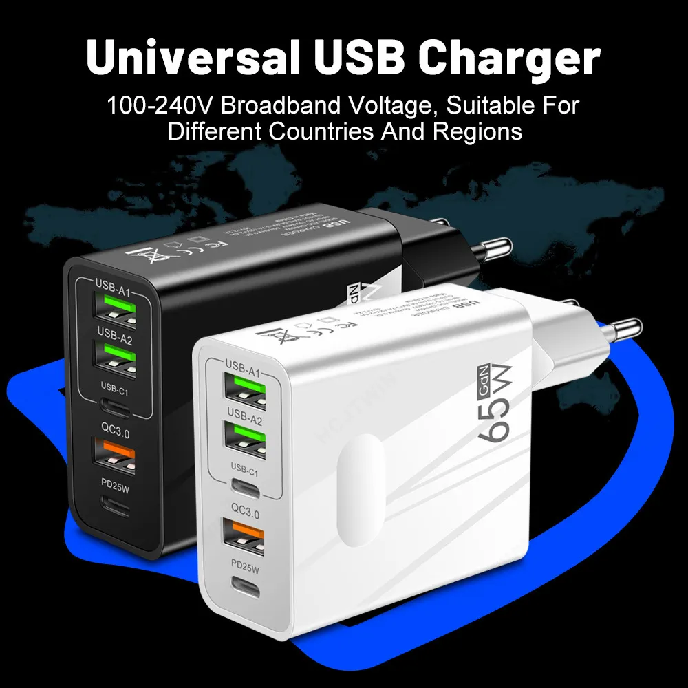 Chargeur de Type C 65W, 5 Ports USB C, charge rapide, pour téléphone portable Xiaomi, Samsung, Huawei