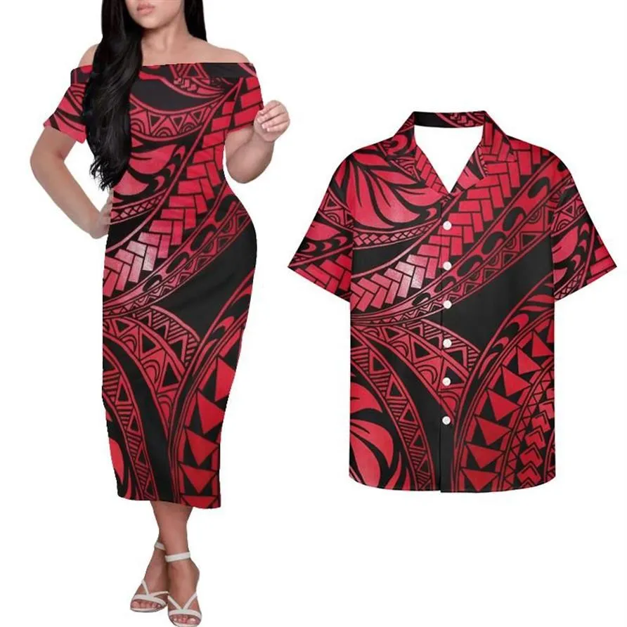Casual Dresses Hycool Tribal Print Off Axel Samoan Tattoos Red Dress Elegant Bodycon Polynesian Summer for Women 2021298C