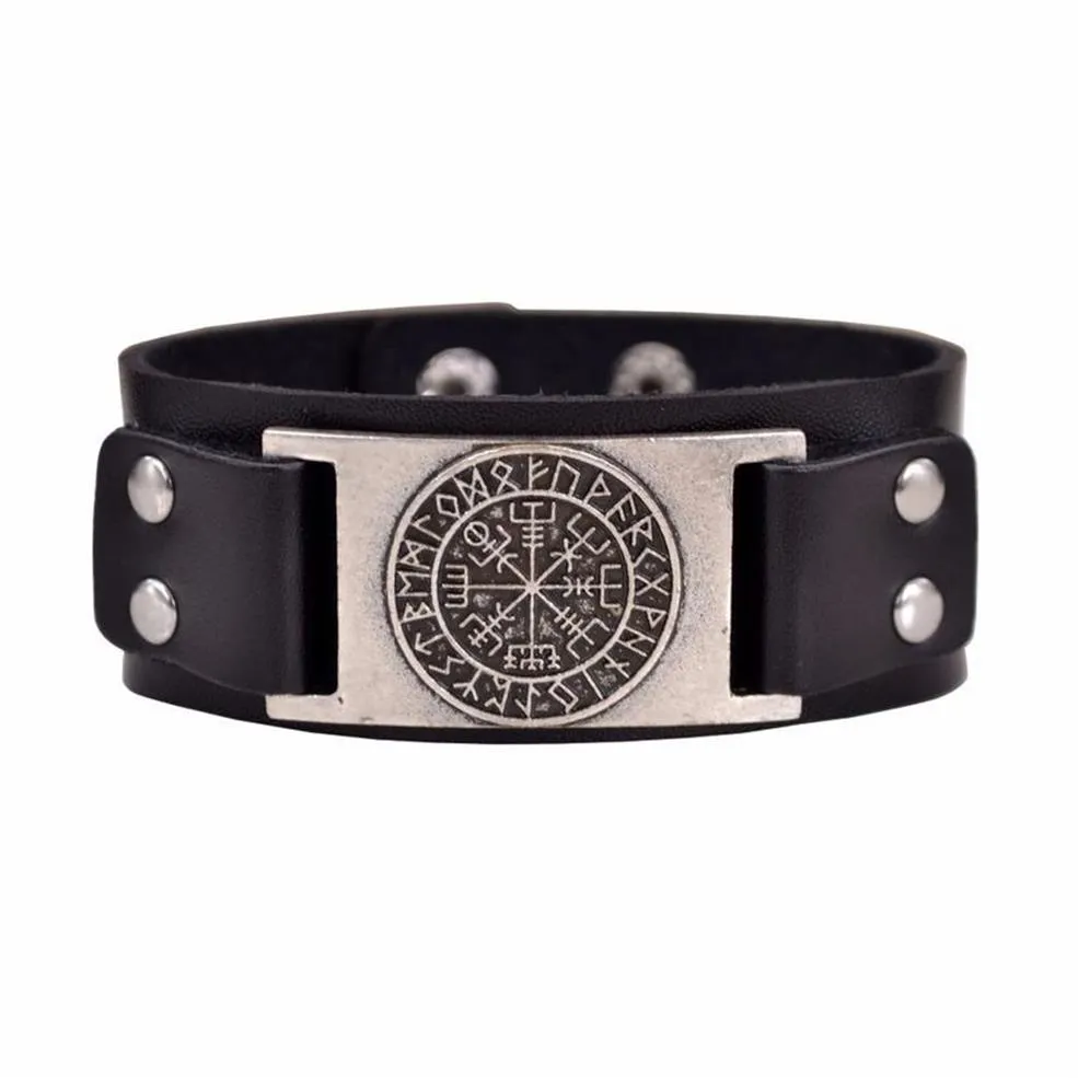 Drop Viking Vegvisir Compass Pendants Bangle Norse Runes Men Jewelry Odin Symbol Leather Bracelet229p