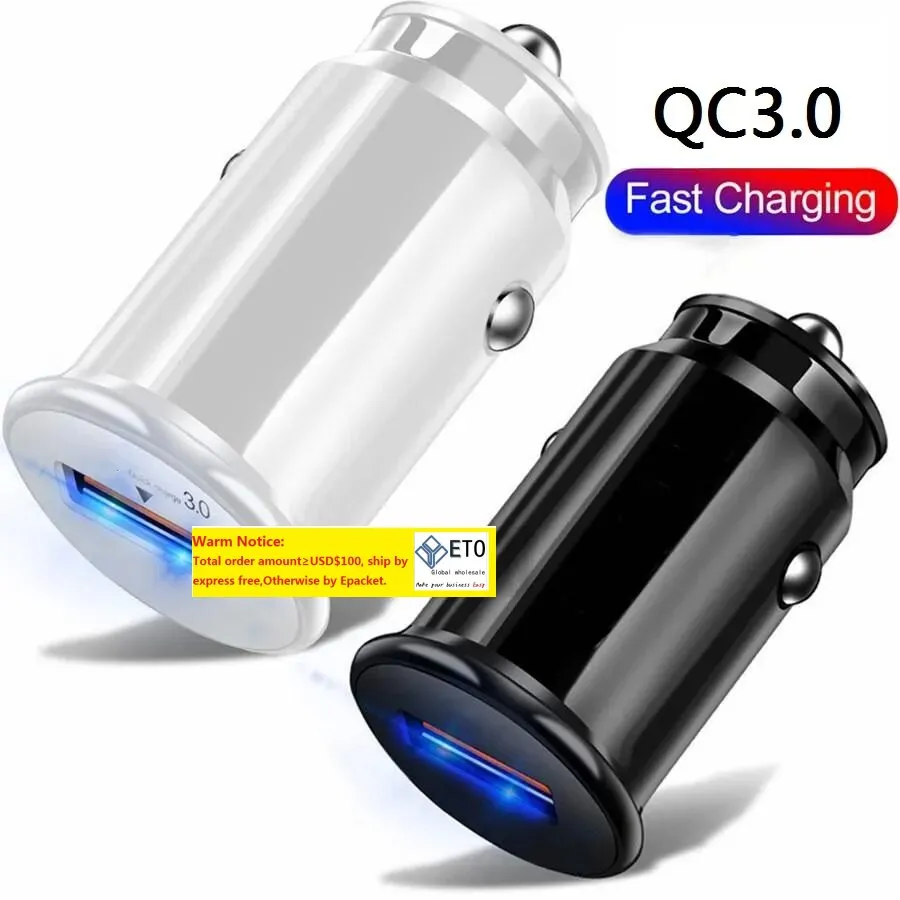 Mini singel USB QC3.0 Auto Power Adapter Snabb laddning av bilar för iPhone 7 8 11 12 13 14 Samsung Tablet PC Mp3 LL