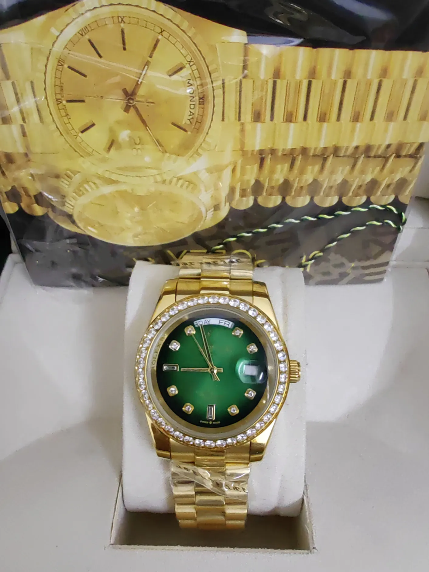 Original Box Certificate 18K Gold President Male 41mm Watches Day Date Diamonds Green Dial Watch Men rostfri Diamond Bezel Automatisk armbandsur 59