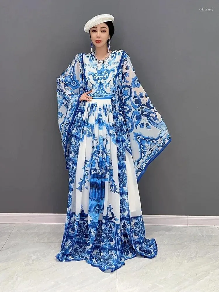 Vestidos casuais vefadisa moda estilo chinês tendência azul e branco porcelana impressão solta longo vestido vintage causal grande fino macio lwl001